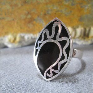 Asymmetrical Black Enamel and Silver Ring Size 8.5